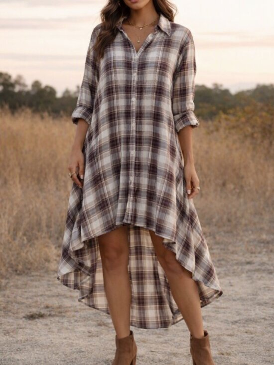Tulip Dresses & Skirts - Tulip Plaid High‑Low Shirt Dress L Lagenlook Boho Cotton Asymmetrical Artsy